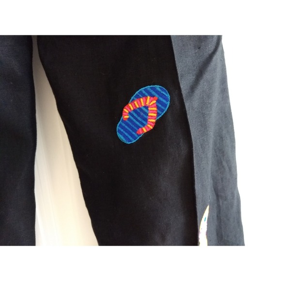 Deane & White 100% Linen‎ Pants Black Cropped Embroidered Flip Flops Womens 8 - Picture 3 of 16